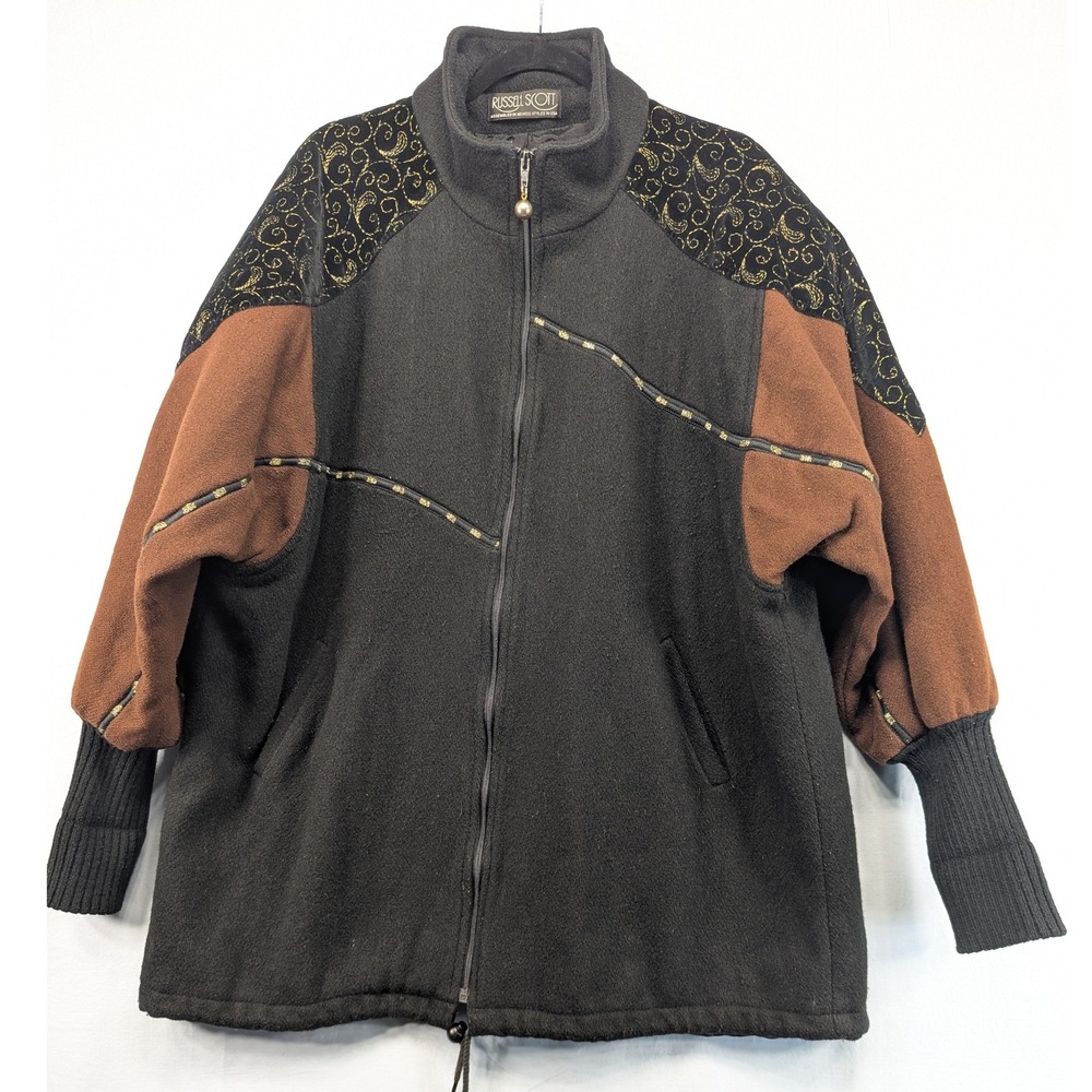 Russell Scott Black Brown Gold Embroidered‎ Zip Up Fleece Jacket 1x